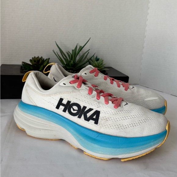 HOKA WOMENS BONDI RUNNING SHOES COLOR WHITE AND BLUE, PINK LACES SZ 9 - Picture 1 of 8